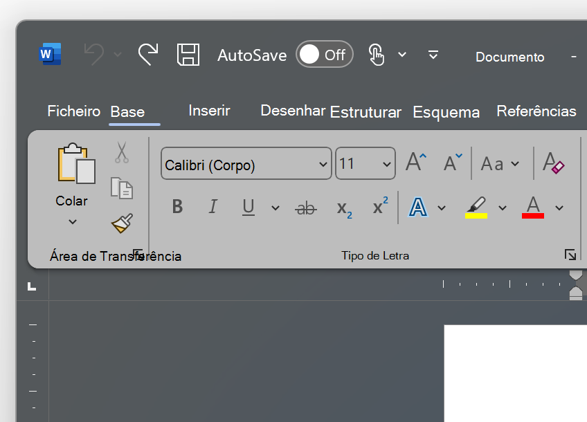 Uma captura de ecrã do canto superior esquerdo do Word no tema Cinzento Escuro.