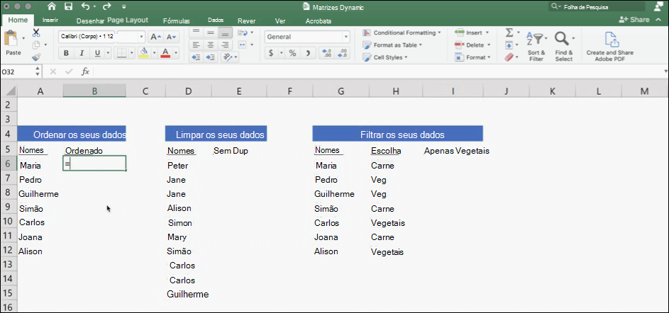 Captura de ecrã do Excel com dados utilizando matrizes dinâmicas