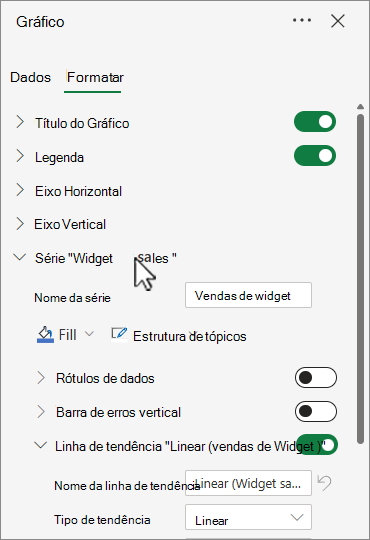 Captura de ecrã do painel Formato do gráfico com a série de dados selecionada.
