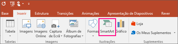 Apresenta o botão SmartArt no separador Inserir