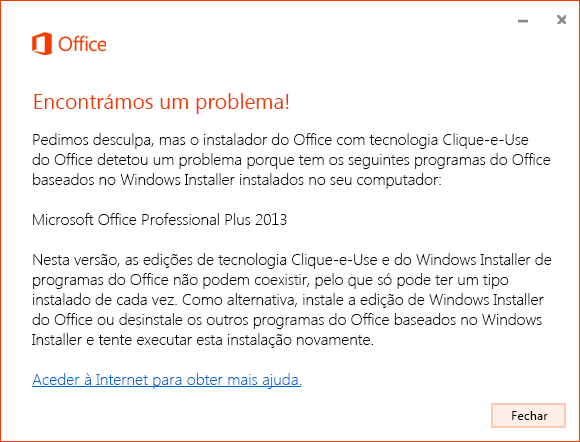 Erro ao tentar instalar com tecnologia Clique-e-Use sobre a instalação MSI