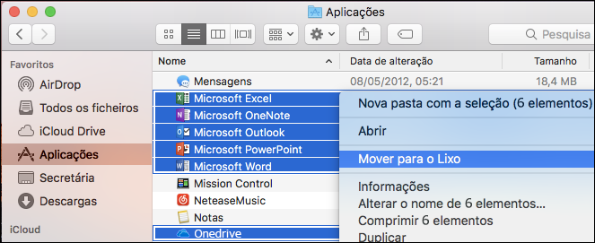 Mover as aplicações do Office para o lixo