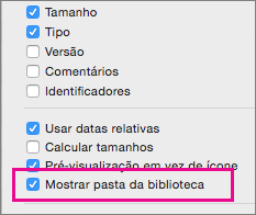 Mostrar as definições da pasta da biblioteca nas opções de Visualização do Finder