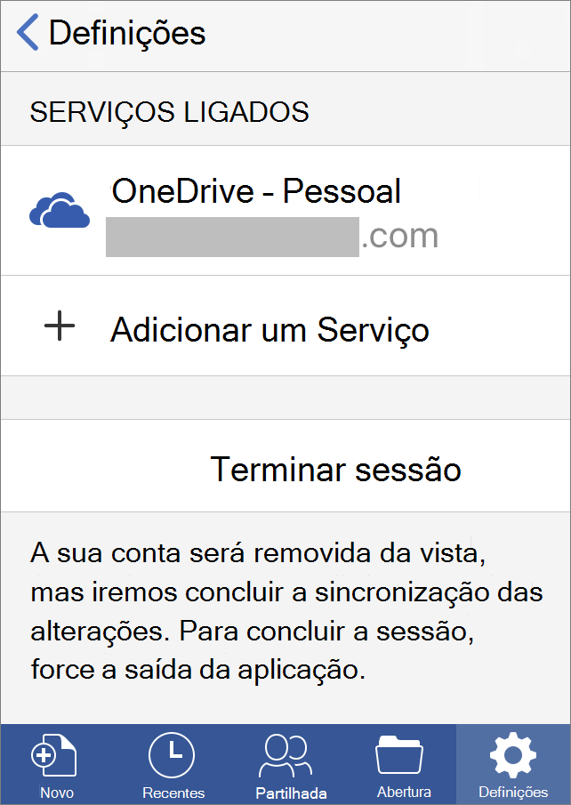 Apresenta a opção para Terminar Sessão no Office para iOS