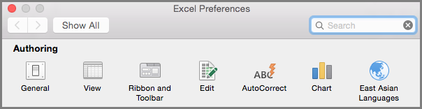 Preferências da Barra de Ferramentas do Friso do Office 2016 para Mac