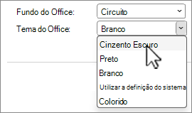 Captura de ecrã das seleções de temas do Office.