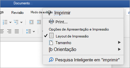 Captura de ecrã do menu Diga-me o que pretende fazer