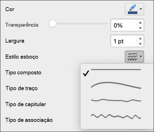 Opções de formatação de linha no Mac com o estilo Esboço selecionado