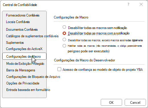 Definições de macros do centro de confiança
