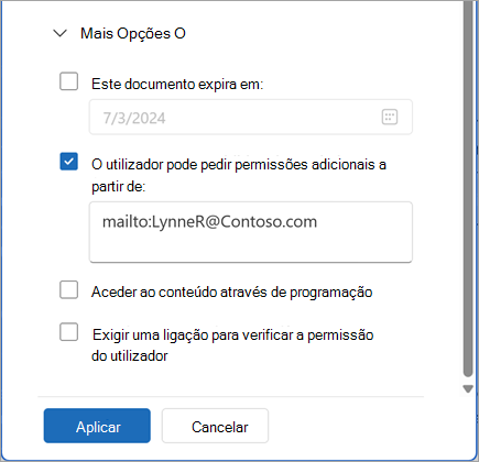 Captura de ecrã da secção Mais Opções da caixa de diálogo Permissões.