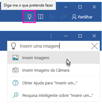 Word friso a mostrar o campo de texto Diga-me o que pretende fazer