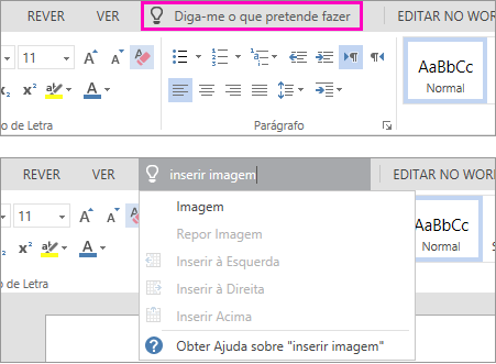 Mostra a caixa de pesquisa Diga-me no friso do Word Online.
