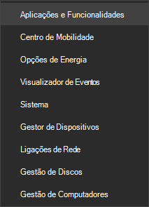 Captura de ecrã do menu Iniciar a mostrar a opção Aplicações e Funcionalidades