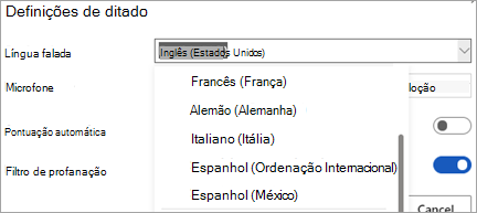 Idiomas em que pode ditar