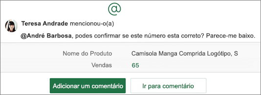 Folha de cálculo com uma @menção e os botões Adicionar um Comentário e Aceder ao Comentário