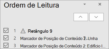Lista de itens em sentido de leitura num diapositivo com botões de seta para cima e para baixo para reorganizar os mesmos