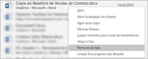 O menu de contexto que é apresentado ao clicar com o botão direito do rato num ficheiro na lista Ficheiros Recentes