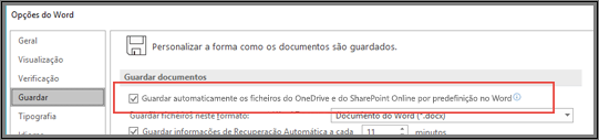 A caixa de diálogo Guardar Opções > de Ficheiro > a mostrar a caixa de verificação para ativar ou desativar a gravação automática