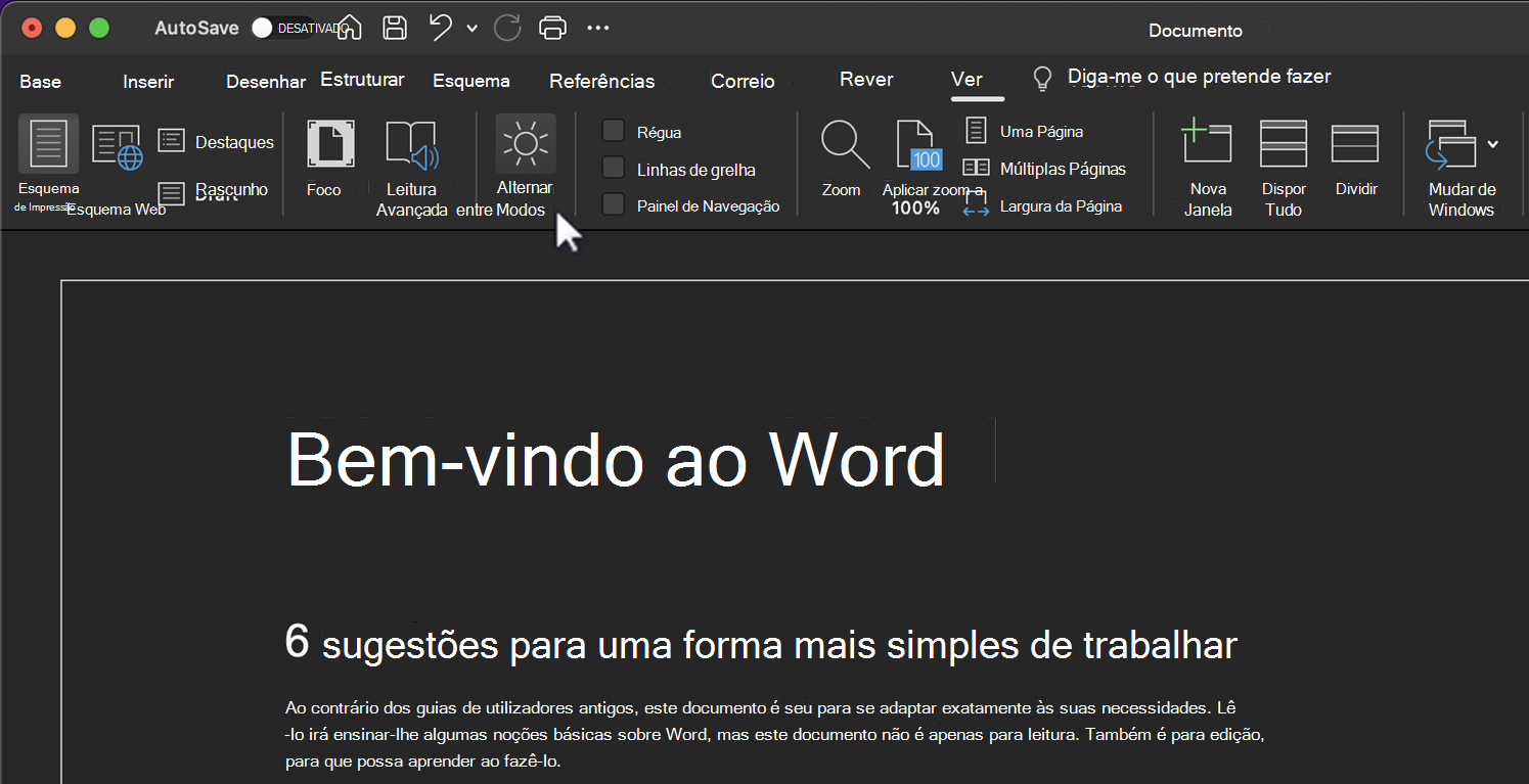 Alterne entre modos para a funcionalidade modo Escuro.
