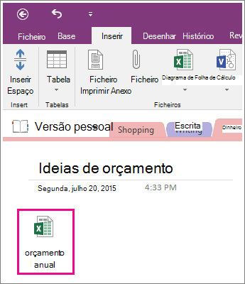 Captura de ecrã de uma folha de cálculo anexada no OneNote 2016.