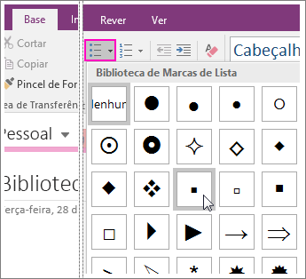 Captura de ecrã a mostrar como adicionar marcas a uma página no OneNote 2016.