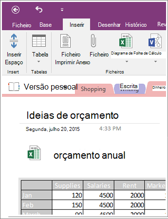 Captura de ecrã de uma folha de cálculo incorporada no OneNote 2016.