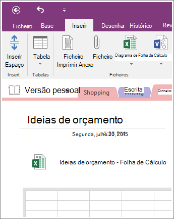 Captura de ecrã de uma nova folha de cálculo no OneNote 2016.