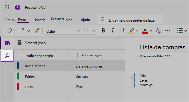 Vista da IU da Web do OneNote mostrando a área de conteúdo