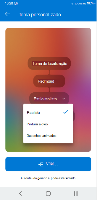Um ecrã a mostrar o seletor de lista pendente utilizado para ajustar os atributos configuráveis de um tema personalizado no Outlook para Android