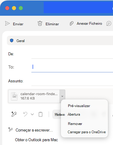 Opções pendentes Anexar ficheiro no Outlook para Mac