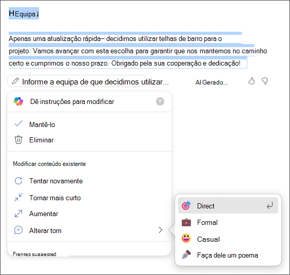Opte por manter, descartar, regenerar ou alterar as suas opções de tom e comprimento
