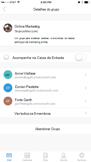 Mostra a página Detalhes do Grupo, com o botão de alternar Seguir na Caixa de Entrada junto à parte superior.