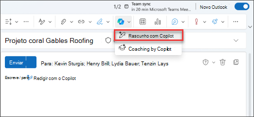 Opção de menu pendente Rascunho com Copilot no Novo Outlook