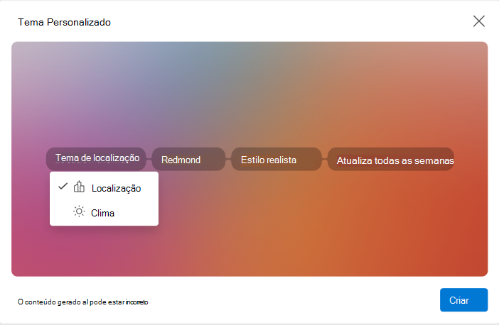 Um ecrã a mostrar a lista pendente utilizada para configurar atributos de um tema personalizado no novo Outlook para Windows