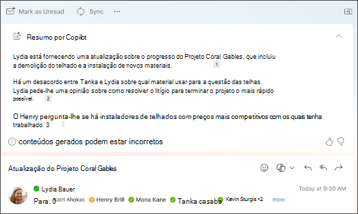 Resumo da conversação de e-mail com citações criadas pelo Copilot