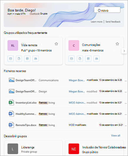 Os grupos utilizados frequentemente e os ficheiros recentes podem ser acedidos a partir da experiência Grupos no Outlook.