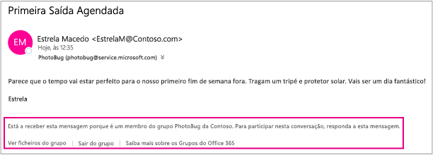 Todos os e-mails que o convidado receber de membros do grupo terão um rodapé com instruções e ligações