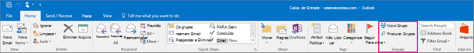 Opções de grupos no friso principal do Outlook