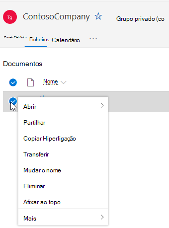 A mostrar as opções eliminar e mudar o nome do ficheiro