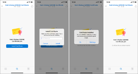 Mostra um certificado a ser instalado num ecrã de dispositivo móvel.