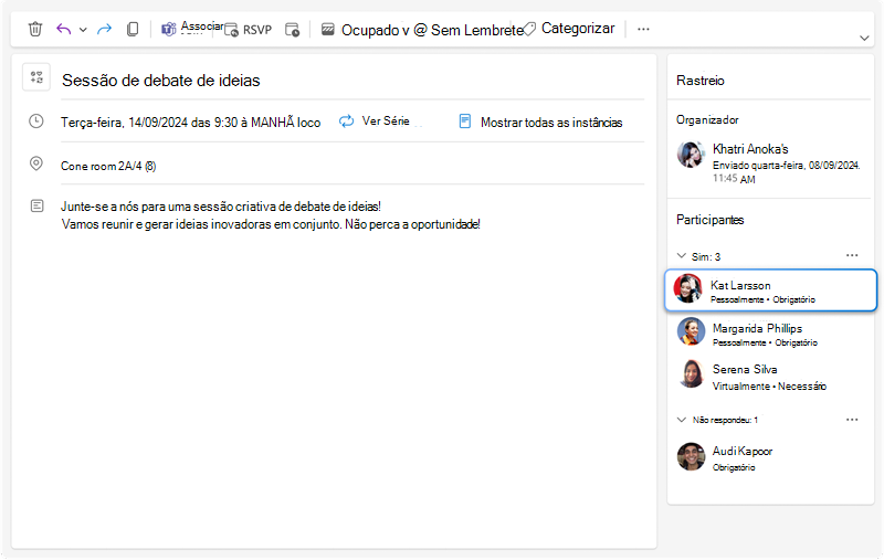 Imagem a mostrar um painel de controlo de reuniões onde se pode ver todas as respostas de cada convite, juntamente com as novas informações adicionais sobre se cada participante irá participar pessoalmente ou virtualmente.