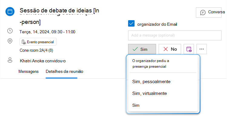 Imagem a mostrar o botão de menu RSVP híbrido para Sim com a lista pendente expandida, onde se pode ver três opções diferentes: Sim, pessoalmente, Sim, virtualmente e Sim.