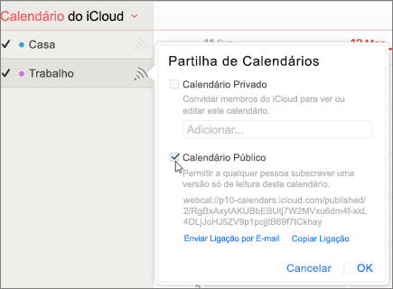 Definições do calendário público no iCloud