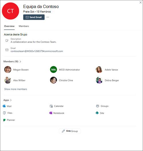 Imagem de um cartão de grupo no Outlook