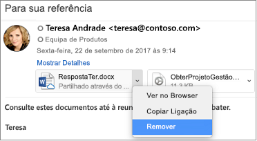 Selecione a seta para baixo e Remover para remover o anexo