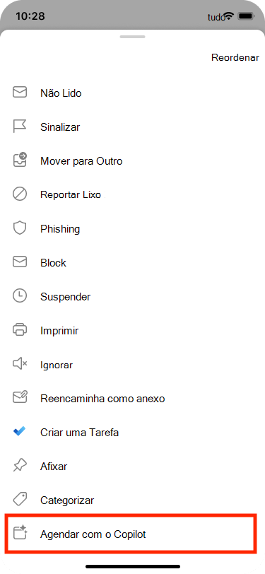 Agendar a partir de Email pode ser selecionado no menu mais ações
