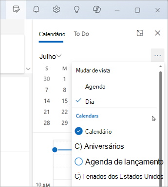 Selecione Mudar de vista para apresentar a vista Agenda ou Dia. Eis onde também pode escolher os calendários a apresentar.