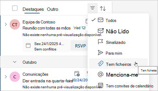 Selecionar tem ficheiros para localizar todas as mensagens com anexos.