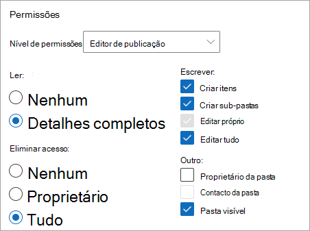 Captura de ecrã a mostrar o Editor de publicação selecionado como nível de permissão