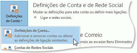 Comando Definições de Conta na vista Backstage